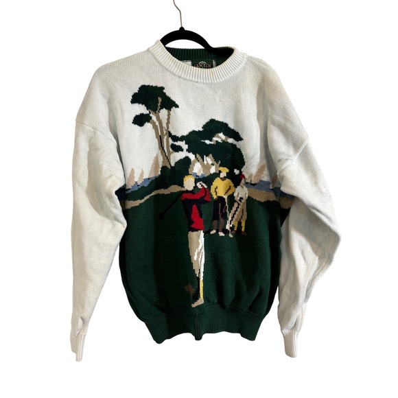 Vintage Janzen Golf Scene Crewneck Sweater Mens Novelty Knitwear Pullover - Picture 1 of 9